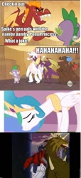 Size: 436x960 | Tagged: safe, edit, edited screencap, imported from derpibooru, screencap, garble, princess celestia, spike, alicorn, dragon, pony, dragon quest, caption, female, hub logo, male, mare, optilestia, optimus prime, punch, transformers