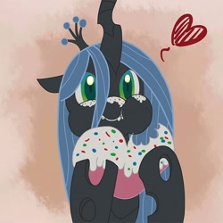 Size: 700x700 | Tagged: safe, artist:ecmajor, imported from derpibooru, queen chrysalis, changeling, changeling queen, crown, cute, cutealis, eating, female, frosting, gradient background, heart, jewelry, puffy cheeks, regalia, solo