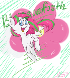 Size: 379x421 | Tagged: safe, artist:silbersternenlicht, imported from derpibooru, blossomforth, pegasus, pony, cutie mark background, female, mare, open mouth, running, smiling, solo