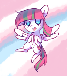 Size: 540x616 | Tagged: safe, artist:pekou, imported from derpibooru, blossomforth, pegasus, pony, female, flying, mare, open mouth, smiling, solo, spread wings, wings