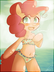 Size: 1200x1600 | Tagged: safe, artist:imalou, imported from derpibooru, pinkie pie, semi-anthro, adorasexy, attached skirt, bandeau, belly button, bikini, bipedal, blue swimsuit, blushing, breasts, clothes, colored pupils, crepuscular rays, curvy, cute, delicious flat chest, diapinkes, female, frilled swimsuit, frilly, happy, lace, looking at you, mare, midriff, ocean, open mouth, sexy, smiling, solo, stupid sexy pinkie, sunset, swimsuit