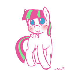 Size: 1358x1432 | Tagged: safe, artist:amnestie, deleted from derpibooru, imported from derpibooru, blossomforth, pegasus, pony, blushing, female, mare, no pupils, simple background, smiling, solo, white background