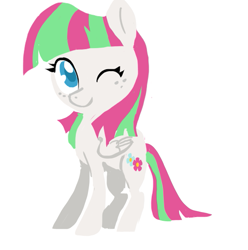 Size: 595x600 | Tagged: safe, artist:indiefoxtail, imported from derpibooru, blossomforth, pegasus, pony, colored pupils, female, mare, one eye closed, simple background, solo, white background, wink