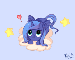 Size: 1373x1101 | Tagged: safe, artist:pklove-chan, imported from derpibooru, princess luna, alicorn, pony, cloud, female, filly, foal, g4, heart, prone, s1 luna, simple background, solo, stars, woona, younger