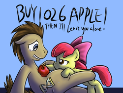 Size: 800x600 | Tagged: dead source, safe, artist:saturnspace, imported from derpibooru, apple bloom, doctor whooves, time turner, earth pony, pony, apple, buy some apples, crying, female, filly, lip bite, male, misleading thumbnail, stallion