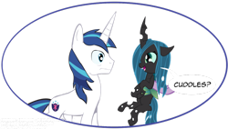 Size: 900x511 | Tagged: artist needed, safe, imported from derpibooru, queen chrysalis, shining armor, changeling, changeling queen, nymph, pony, unicorn, eye contact, female, looking at each other, male, simple background, stallion, transparent background