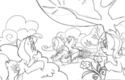 Size: 1000x638 | Tagged: safe, artist:elosande, imported from derpibooru, daisy, flower wishes, goldengrape, lily, lily valley, roseluck, sir colton vines iii, earth pony, pony, basket, daisygrape, female, flower trio, male, mare, monochrome, picnic basket, picnic blanket, prone, shipping, spying, stallion, straight, tree