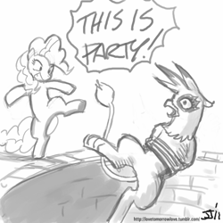 Size: 800x800 | Tagged: safe, artist:johnjoseco, imported from derpibooru, gilda, pinkie pie, earth pony, griffon, pony, 300, abuse, bipedal, bound, crossover, duo, female, gilda drama, gildabuse, grayscale, kicking, mare, monochrome, parody, this is sparta, well