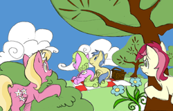 Size: 1000x638 | Tagged: safe, artist:elosande, imported from derpibooru, daisy, flower wishes, goldengrape, lily, lily valley, roseluck, sir colton vines iii, earth pony, pony, basket, colored, daisygrape, female, flower trio, male, mare, picnic, picnic basket, picnic blanket, prone, shipping, spying, stallion, straight, tree