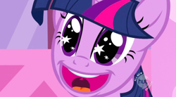 Size: 1280x705 | Tagged: safe, imported from derpibooru, screencap, twilight sparkle, pony, unicorn, lesson zero, season 2, female, happy, hub logo, mare, open mouth, smiling, solo, wingding eyes