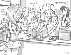 Size: 900x692 | Tagged: safe, artist:johnjoseco, imported from derpibooru, applejack, fluttershy, pinkie pie, rainbow dash, rarity, twilight sparkle, human, clothes, female, grayscale, happy meal, humanized, mane six, mcdonald's, monochrome, skirt