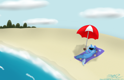 Size: 2000x1300 | Tagged: safe, artist:mikoruthehedgehog, imported from derpibooru, trixie, pony, unicorn, beach, drink, female, mare, on back, solo, sunglasses