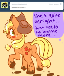 Size: 450x532 | Tagged: source needed, safe, artist:clockworkquartet, imported from derpibooru, applejack, earth pony, pony, ask, dirty, female, mare, mud, raised hoof, rear view, smiling, solo