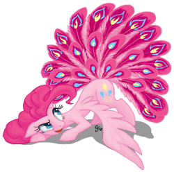 Size: 605x600 | Tagged: safe, artist:gingerfoxy, imported from derpibooru, pinkie pie, peacock, pegasus, pony, buraq, female, floppy ears, grin, hilarious in hindsight, looking back, mare, simple background, smiling, solo, species swap, tail, tail feathers, transparent background