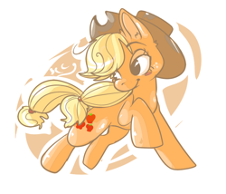 Size: 700x600 | Tagged: safe, artist:clockworkquartet, imported from derpibooru, applejack, earth pony, pony, abstract background, female, leaping, looking back, mare, smiling, solo