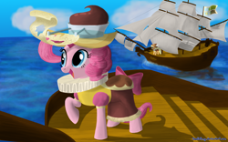 Size: 2000x1250 | Tagged: safe, artist:deathpwny, imported from derpibooru, applejack, chancellor puddinghead, pinkie pie, smart cookie, earth pony, pony, clothes, costume, duo, duo female, female, flag, hat, map, mare, ocean, raised hoof, ruff (clothing), ship