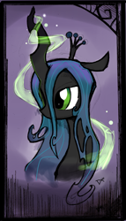 Size: 1208x2116 | Tagged: dead source, safe, artist:dagmlp, imported from derpibooru, queen chrysalis, changeling, changeling queen, bust, female, frown, glowing horn, looking away, magic, mare, portrait, signature, solo, stray strand, three quarter view