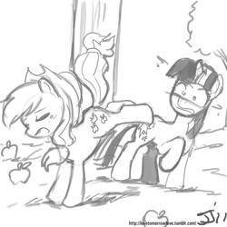 Size: 1280x1280 | Tagged: safe, artist:johnjoseco, imported from derpibooru, applejack, twilight sparkle, earth pony, pony, unicorn, bucking, duo, duo female, female, grayscale, mare, monochrome, scared, tired