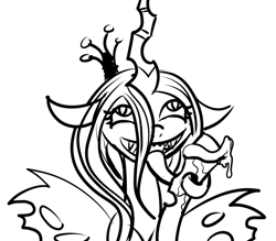 Size: 800x700 | Tagged: safe, imported from derpibooru, queen chrysalis, changeling, changeling queen, cheeselegs, drool, female, grin, impossibly long tongue, monochrome, smiling, solo, tentacle tongue, tongue out