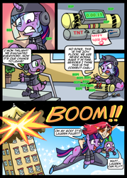 Size: 860x1200 | Tagged: safe, artist:madmax, imported from derpibooru, spike, twilight sparkle, dragon, human, pony, unicorn, armor, bomb, bomb squad, chips, comic, dialogue, doritos, explosion, female, flying, food, glasses, kamina sunglasses, lauren faust, male, mare, superhero, sweat, weapon