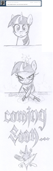 Size: 980x3159 | Tagged: safe, artist:skutchi, imported from derpibooru, twilight sparkle, pony, unicorn, comic, epic meal time, female, knife, looking at you, mare, monochrome, smiling, smirk, solo