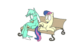 Size: 320x180 | Tagged: safe, artist:tranquilmind, imported from derpibooru, bon bon, lyra heartstrings, sweetie drops, earth pony, pony, unicorn, animated, baman piderman, bench, dragging, duo, female, frame by frame, gif, mare, no pupils, parody, simple background, sitting, squigglevision, wat, white background