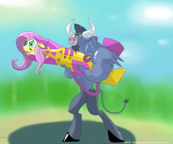 Size: 1600x1333 | Tagged: safe, artist:munkari, imported from derpibooru, fluttershy, iron will, minotaur, pegasus, pony, duo, female, floppy ears, flutterbadass, gun, male, mare