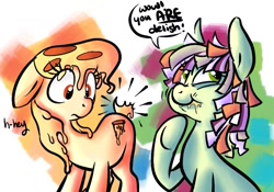 Size: 751x526 | Tagged: safe, artist:php27, artist:rustydooks, imported from derpibooru, oc, oc only, oc:cabbage bitch, oc:mozzarella orgy, earth pony, food pony, original species, pizza pony, pony, :t, abstract background, aura, cannibalism, coleslaw pony, duo, eating, female, floppy ears, food, frown, looking back, mare, no tail, pizza, puffy cheeks, sad, simple background, smiling, underhoof, white background, wide eyes