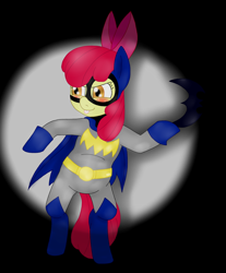 Size: 1306x1576 | Tagged: safe, artist:blackbewhite2k7, imported from derpibooru, apple bloom, earth pony, pony, batarang, batfilly, batgirl, batman, bipedal, costume, crossover, female, filly, parody, solo, tongue out