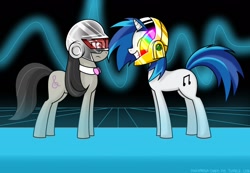 Size: 1280x886 | Tagged: safe, artist:frankier77, imported from derpibooru, dj pon-3, octavia melody, vinyl scratch, earth pony, pony, unicorn, abstract background, daft punk, duo, duo female, female, helmet, mare, wallpaper