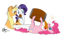 Size: 1216x704 | Tagged: safe, artist:prixt, imported from derpibooru, applejack, pinkie pie, rarity, earth pony, pony, unicorn, barrel, cider, drink, drunk, drunk aj, drunk rarity, drunkie pie, female, mare, on back, swirly eyes, table, tongue out, uncouth