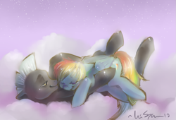 Size: 929x632 | Tagged: safe, artist:candyponi, imported from derpibooru, rainbow dash, thunderlane, pegasus, pony, cloud, cloudy, cuddling, duo, female, floppy ears, happy, hug, male, mare, on back, shipping, smiling, snuggling, stallion, straight, thunderdash