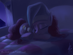 Size: 1024x768 | Tagged: safe, artist:grissaecrim, artist:raikoh, imported from derpibooru, pinkie pie, earth pony, pony, bed, female, hat, mare, night, nightcap, sleeping, smiling, solo, window