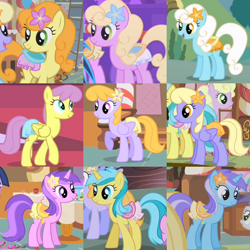 Size: 600x600 | Tagged: safe, edit, edited screencap, imported from derpibooru, screencap, amethyst star, carrot top, diamond mint, drizzle, golden harvest, lemony gem, orange blossom, parasol, prim posy, serena, sparkler, spring forward, earth pony, pegasus, pony, unicorn, background pony, background pony chart, chart, clothes, collage, cropped, female, flower, flower in hair, mare, party ponies, romana, saddle, skirt, tack