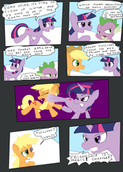 Size: 853x1192 | Tagged: safe, artist:tifu, imported from derpibooru, applejack, spike, twilight sparkle, dragon, earth pony, pony, unicorn, winter wrap up, abuse, black eye, comic, female, jackabuse, kicking, male, mare, snow, twilybitch