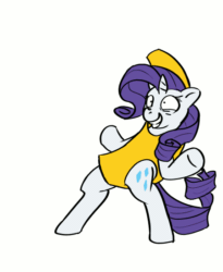 Size: 450x550 | Tagged: safe, artist:conicer, imported from derpibooru, rarity, pony, unicorn, animated, artifact, banana, banana costume, banana suit, bipedal, clothes, costume, dancing, female, food, food costume, g4, gif, grin, mare, peanut butter jelly time, simple background, smiling, solo