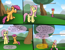 Size: 1584x1224 | Tagged: safe, artist:sirpayne, imported from derpibooru, fluttershy, rainbow dash, scootaloo, pegasus, pony, comic, feels, female, filly, floppy ears, leaning, mare, rainbow trail, sad, scootaloo can't fly, sitting
