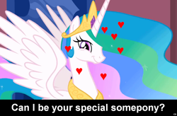 Size: 1024x671 | Tagged: safe, edit, edited screencap, imported from derpibooru, screencap, princess celestia, alicorn, pony, bronybait, caption, cs captions, female, heart, love, mare, solo, special somepony