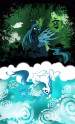 Size: 2975x4911 | Tagged: safe, artist:artist-apprentice587, imported from derpibooru, queen chrysalis, oc, oc:papillon, changeling, changeling queen, flutter pony, crown, duality, flutter pony alicorn, jewelry, regalia, sitting, solo