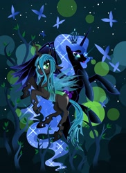 Size: 2550x3501 | Tagged: safe, artist:artist-apprentice587, imported from derpibooru, nightmare moon, queen chrysalis, alicorn, butterfly, changeling, changeling queen, pony, :p, abstract background, crown, cute, cutealis, duo, duo female, female, flying, frown, glare, high res, lidded eyes, looking at you, mare, missing accessory, moonabetes, nightmare mlem, open mouth, rearing, smiling, tongue out