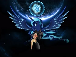 Size: 2570x1935 | Tagged: safe, artist:artist-apprentice587, imported from derpibooru, princess luna, alicorn, pony, armor, crossover, female, mare, mass effect, n7, n7 armor, omni-blade, omni-tool, paragon, solo, spread wings