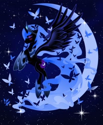 Size: 2904x3501 | Tagged: safe, artist:artist-apprentice587, imported from derpibooru, nightmare moon, alicorn, butterfly, pony, blushing, crescent moon, cute, eyes closed, female, flying, high res, mare, moon, moonabetes, rearing, solo, space, stars