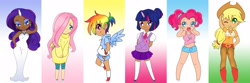 Size: 3782x1256 | Tagged: safe, artist:girlofthe21stcentury, imported from derpibooru, applejack, fluttershy, pinkie pie, rainbow dash, rarity, twilight sparkle, human, belly button, clothes, dark skin, dress, female, gradient background, horned humanization, humanized, mane six, midriff, skirt, sweater, sweatershy, winged humanization