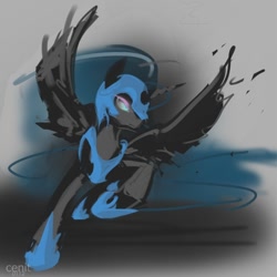 Size: 600x600 | Tagged: dead source, safe, artist:cenit-v, imported from derpibooru, nightmare moon, alicorn, pony, abstract background, action pose, female, mare, solo