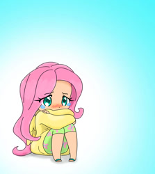 Size: 1341x1501 | Tagged: safe, artist:girlofthe21stcentury, imported from derpibooru, fluttershy, human, chibi, clothes, crying, female, gradient background, hug, humanized, leg hug, sad, self-hugging, sitting, solo, sweater, sweatershy, teary eyes, three quarter view