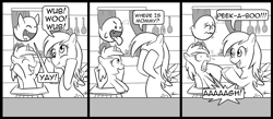 Size: 1500x656 | Tagged: safe, artist:madmax, imported from derpibooru, derpy hooves, dinky hooves, ghost, pegasus, pony, undead, unicorn, boo (super mario), comic, female, filly, kitchen, mare, mario, monochrome, peekaboo, super mario bros., underp