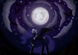 Size: 2790x1976 | Tagged: dead source, safe, artist:charlietrumm, imported from derpibooru, nightmare moon, alicorn, bat, pony, female, mare, moon, night, raised hoof, solo