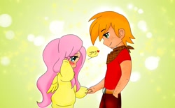 Size: 2474x1530 | Tagged: safe, artist:girlofthe21stcentury, imported from derpibooru, big macintosh, fluttershy, human, abstract background, blushing, clothes, cute, female, fluttermac, humanized, male, shipping, straight, sweater, sweatershy, winged humanization, wings, yay