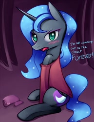 Size: 927x1200 | Tagged: safe, artist:negativefox, imported from derpibooru, nightmare moon, alicorn, pony, clothes, female, looking at you, mare, misspelling, off shoulder, sitting, solo, tsundere moon