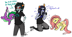 Size: 1159x593 | Tagged: safe, artist:squidbiscuit, imported from derpibooru, fluttershy, spike, dragon, pegasus, pony, crossover, equius zahhak, female, homestuck, l33tspeak, male, mare, scared, simple background, sweat, tail hold, terezi pyrope, trembling, troll (homestuck), white background